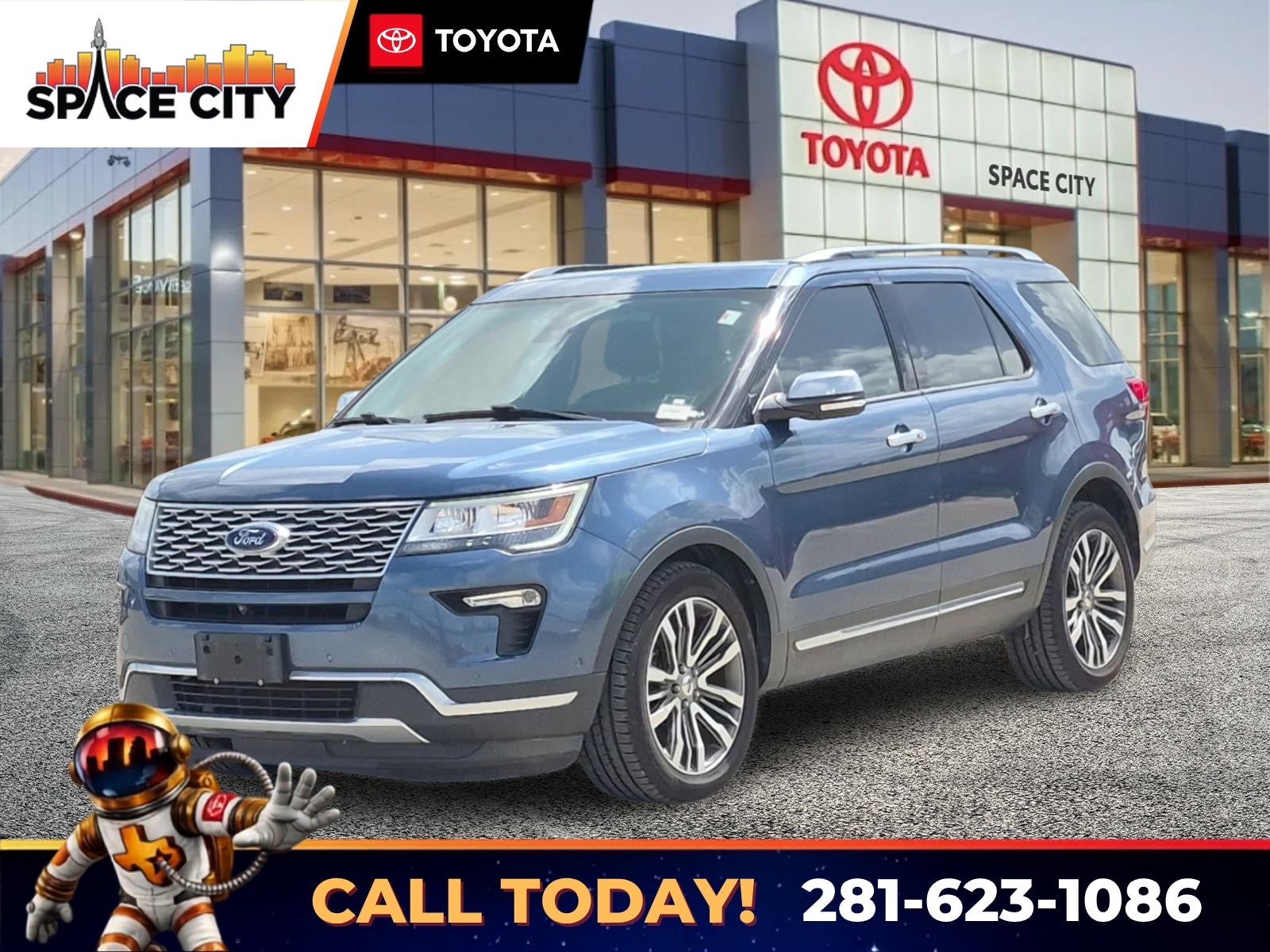 2018 Ford Explorer Platinum in Blue — front three-quarter view