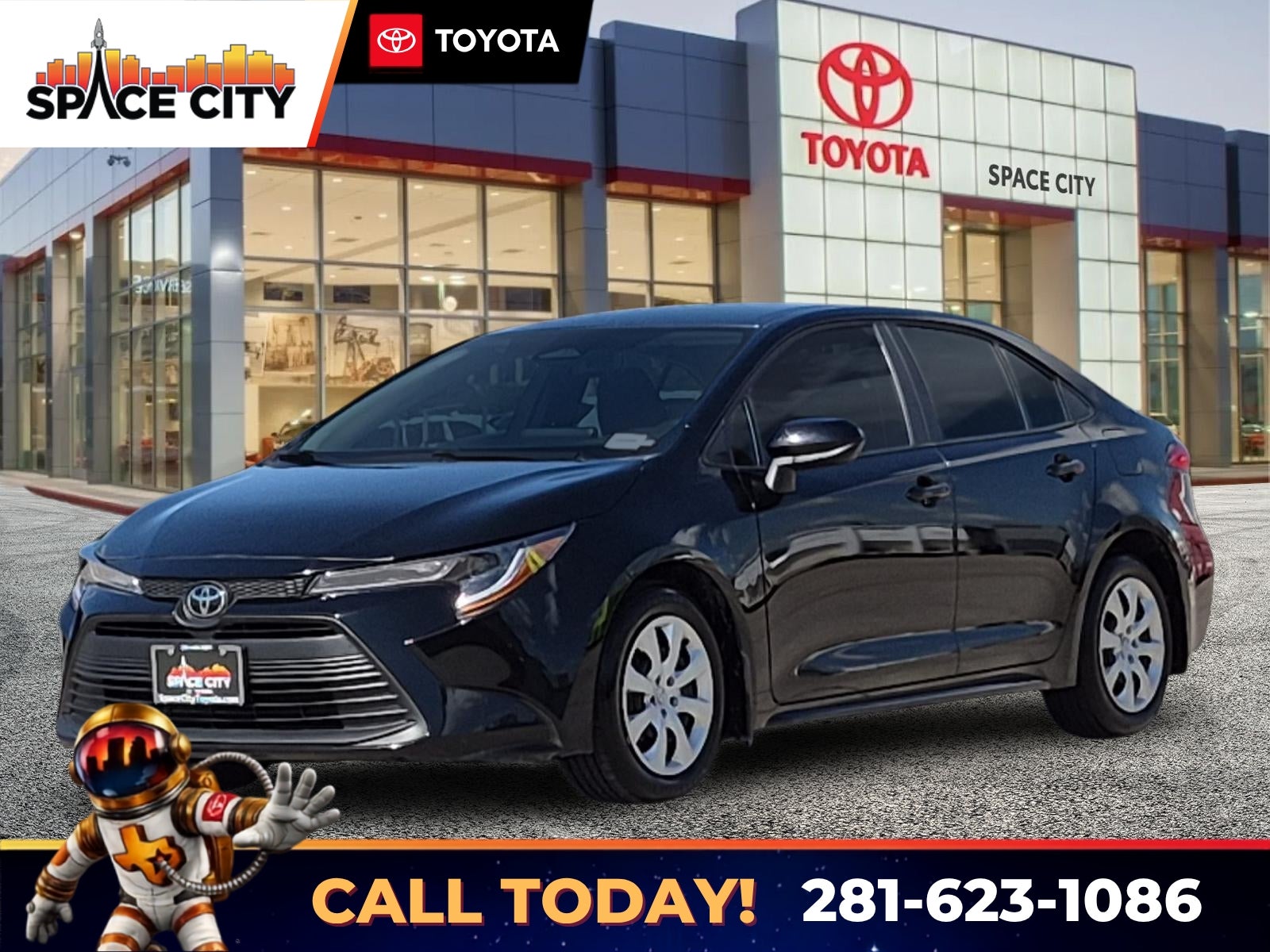 2026 Toyota Corolla LE in Midnight Black Metal — front three-quarter view