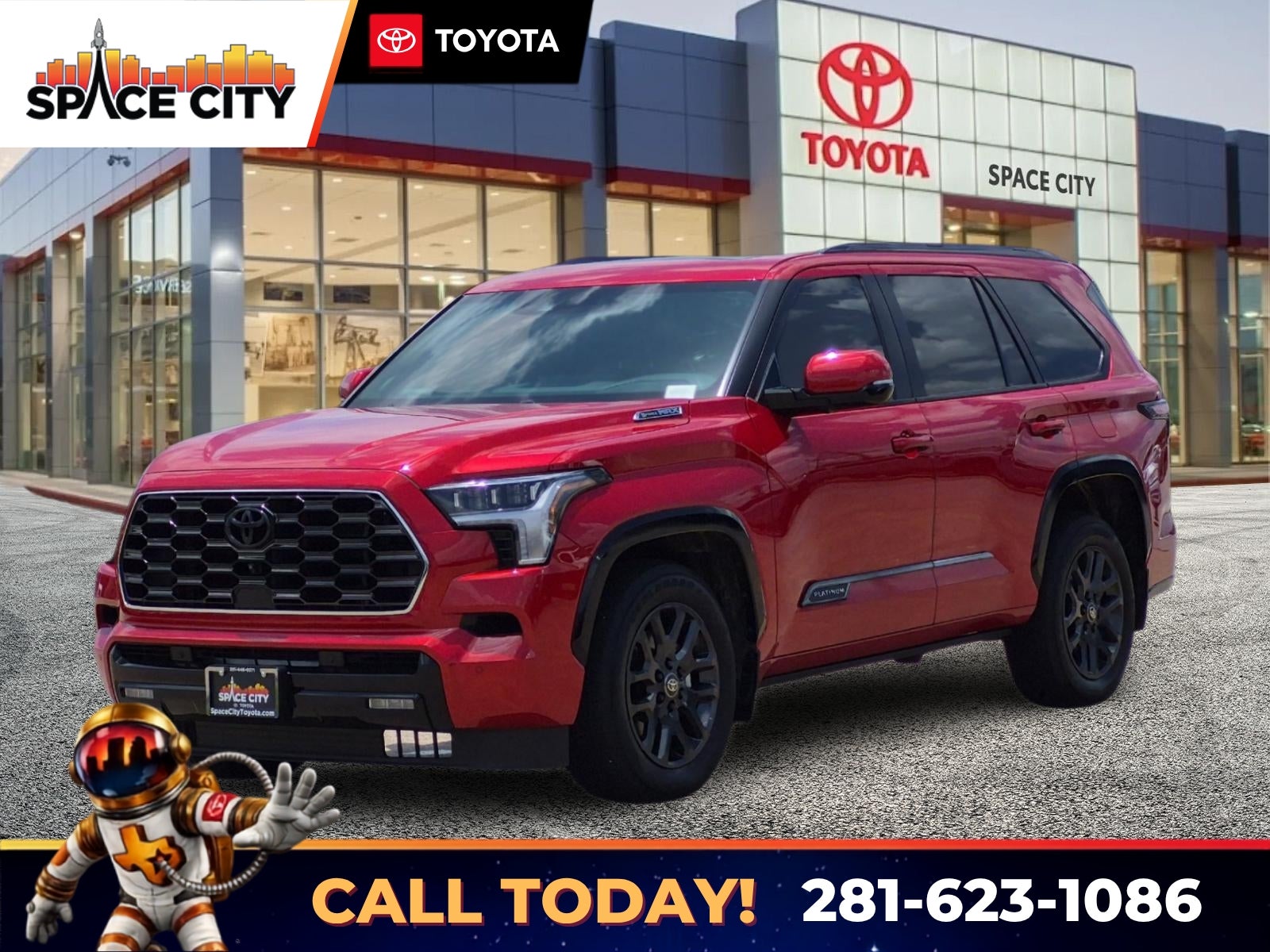 2025 Toyota Sequoia Platinum in Supersonic Red — front three-quarter view