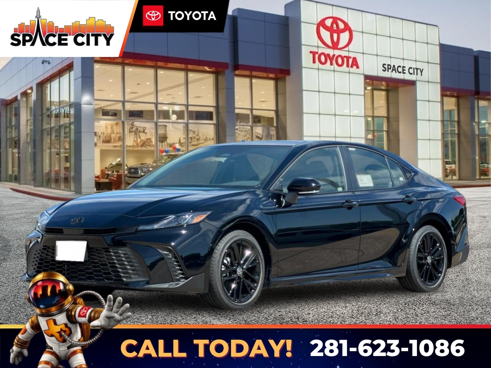 2026 Toyota Camry SE in Midnight Black Metallic — front three-quarter view
