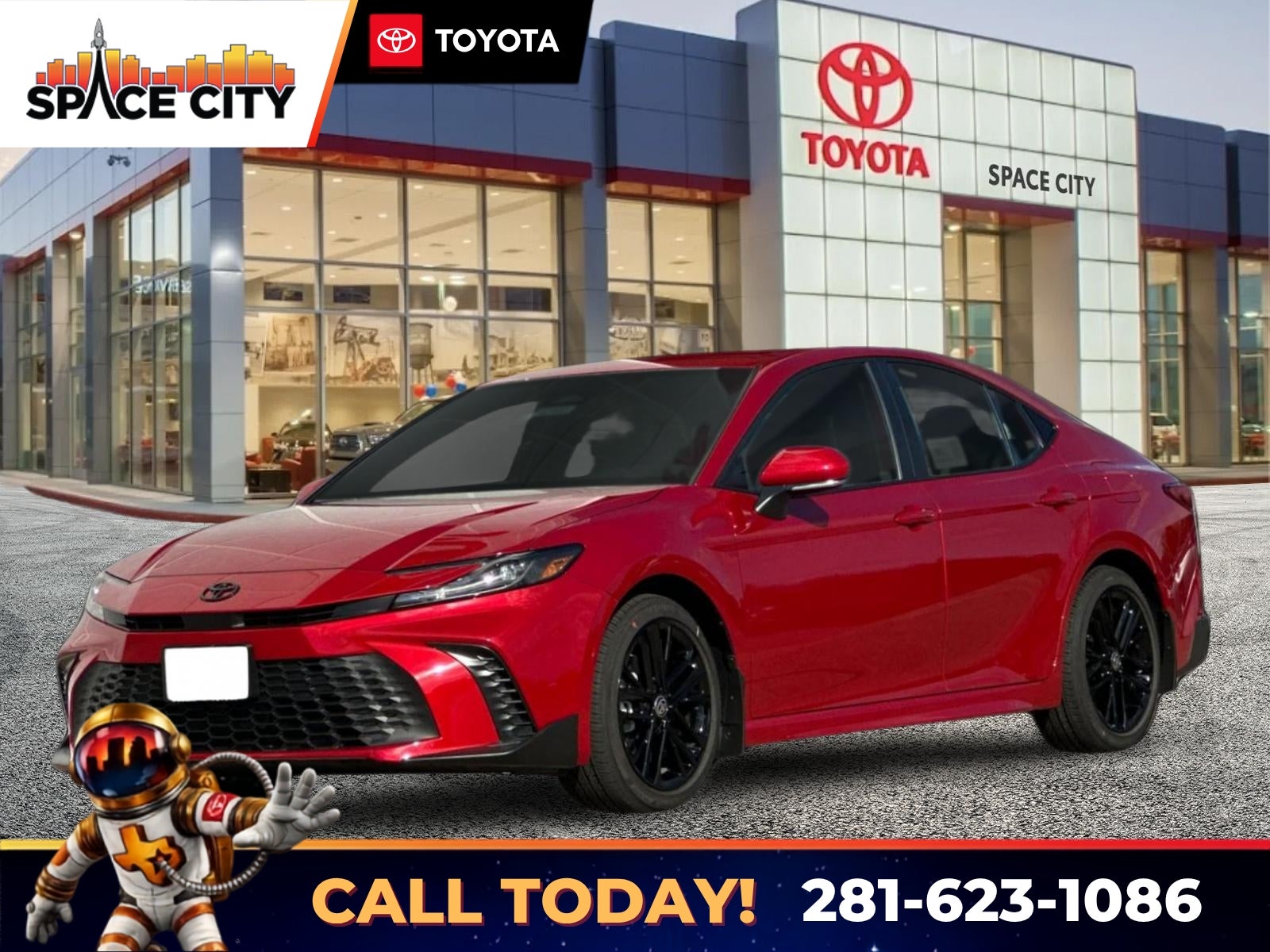 2026 Toyota Camry SE in Supersonic Red — front three-quarter view