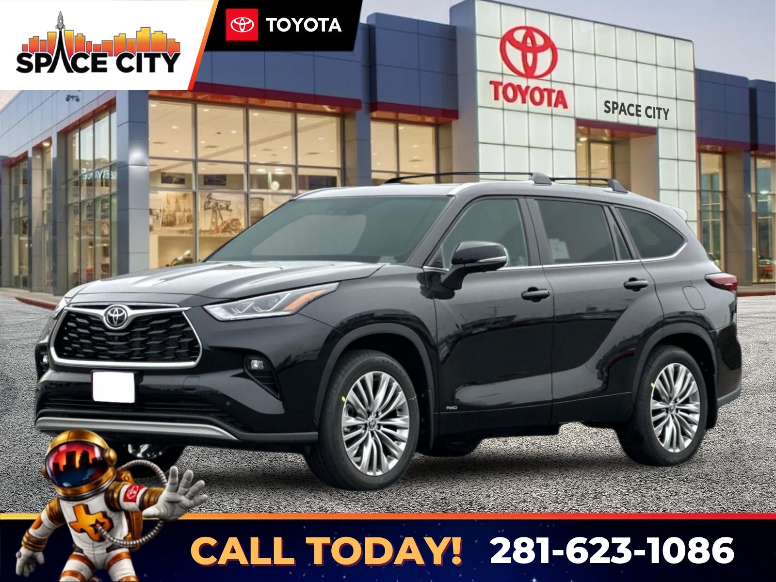 2026 Toyota Highlander Hybrid Platinum in Midnight Black Metallic — front three-quarter view
