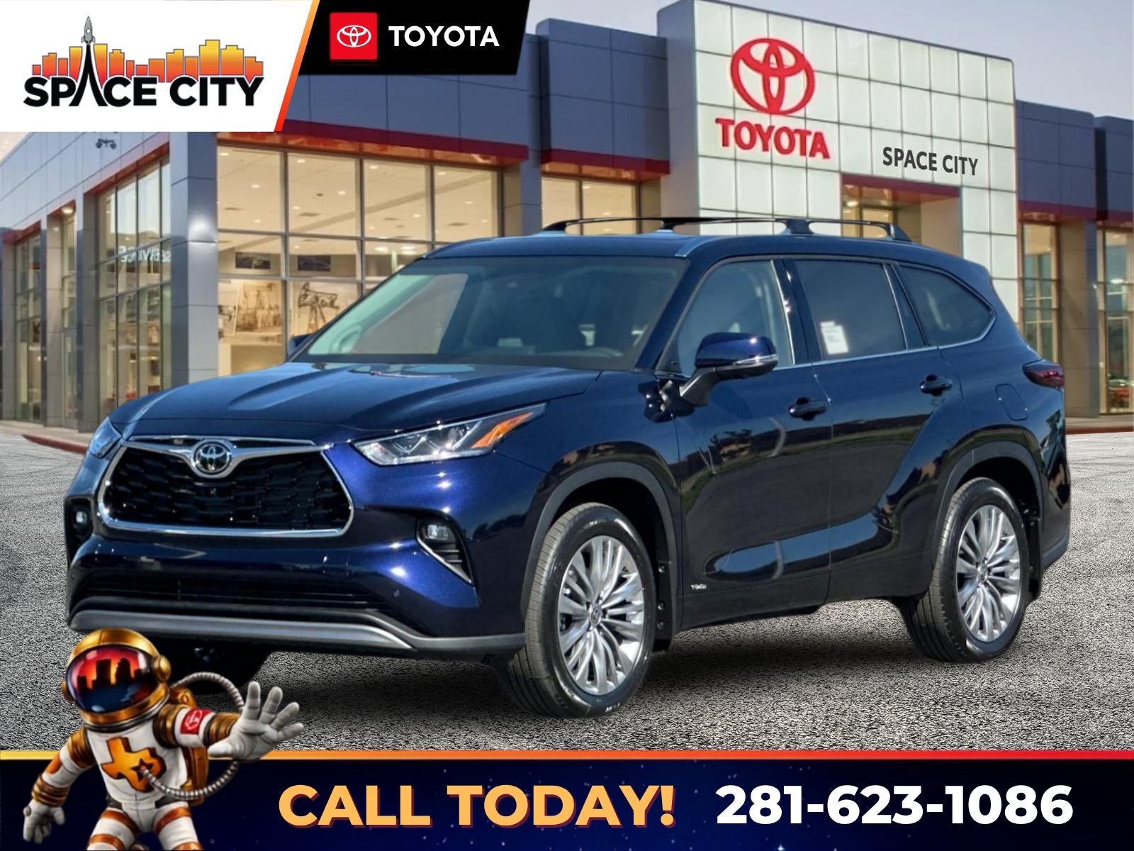2026 Toyota Highlander Hybrid Platinum in Blueprint — front three-quarter view