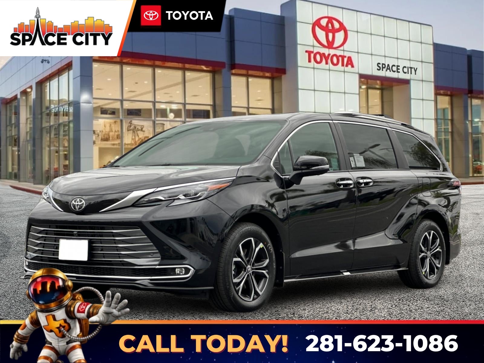 2026 Toyota Sienna Platinum in Midnight Black Metallic — front three-quarter view